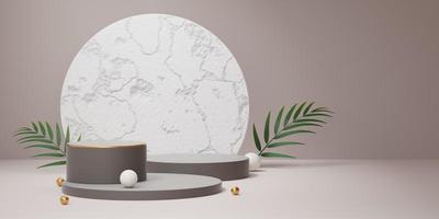 Empty gray cylinder podium with white concrete arch circle, green palm leaf, ball on old rose background. Abstract pastel minimal studio. Mockup space for cosmetic display design. 3d rendering. photo