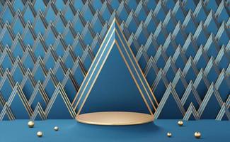 Empty gold cylinder podium with gold ball on Art Deco golden triangle pattern background. Abstract minimal studio 3d geometric shape object. Mockup space for display of product design. 3d rendering. photo