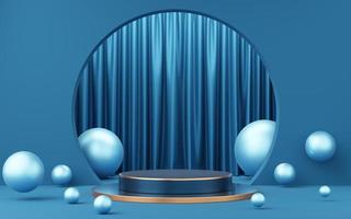 Empty blue and black cylinder podium with copper border, ball on circle arch, curtain background. Abstract minimal studio geometric shape. Pedestal mockup space for product design. 3d rendering. photo