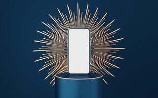 Blue mobile phone on cylinder podium with gold border and spiked halo circle on blue background. Pedestal mockup space for luxury and modern. smartphone with blank white screen. 3d rendering. photo