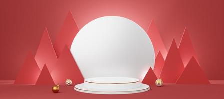 Empty white cylinder podium with gold border on red triangle and circle background. Abstract minimal studio 3d geometric for Christmas. Mockup for Merry Christmas. 3d rendering. photo