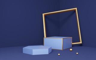 Empty blue cube and hexagon podium with gold frame placed against purple wall background. Abstract minimal studio 3d geometric shape object. Mockup space for display of product design. 3d rendering. photo