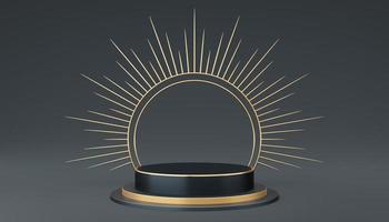 Empty gray cylinder podium with gold border and spiked halo circle on black background. Abstract minimal studio 3d geometric shape object. Pedestal mockup space for luxury display. 3d rendering. photo