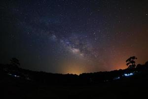 Milky Way and silhouette of tree at Phu Hin Rong Kla National Park,Phitsanulok Thailand, Long exposure photograph.with grain photo