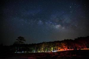 vía láctea y silueta de árbol en el parque nacional phu hin rong kla, phitsanulok tailandia, fotografía de larga exposición con grano foto