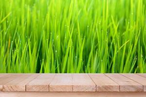 brown wood table top on bokeh abstract green nature background - can be used for montage or display your products photo