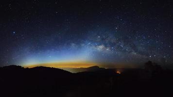 Panorama Milky Way Galaxy with light city at Doi inthanon Chiang mai, Thailand.Long exposure photograph.With grain photo