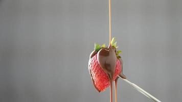 verser du chocolat fondu sur des fraises fraîches video