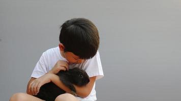 Young Asian kid is playing with lovely black rabbit video
