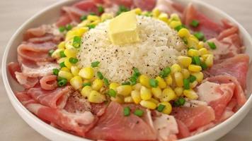 cerdo fresco crudo en rodajas con arroz y maíz en un plato blanco y listo para cocinar video