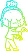 cold gradient line drawing cartoon crying old lady vector