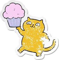 distressed sticker of a cartoon cat with cupcake vector