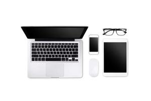 Laptop tablet and smartphone on white background with text space and copy space photo