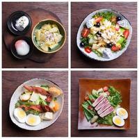 Including healthy foods salad set. Fruit salad,Ham bacon salad,Potato salad,Nicoise with tuna and vegetables Salad photo