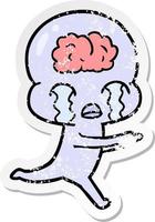 distressed sticker of a cartoon big brain alien crying vector