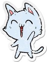 distressed sticker of a happy cartoon cat meowing vector