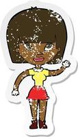 retro distressed sticker of a cartoon woman waving vector