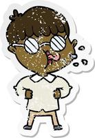 distressed sticker of a cartoon boy wearing spectacles vector