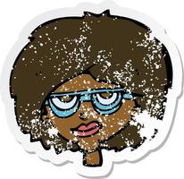 retro distressed sticker of a cartoon woman wearing spectacles vector