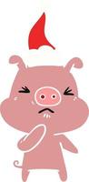 flat color illustration of a angry pig wearing santa hat vector