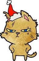 tough textured cartoon of a cat wearing santa hat vector