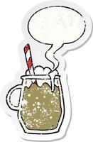 cartoon glass of root beer and straw and speech bubble distressed sticker vector