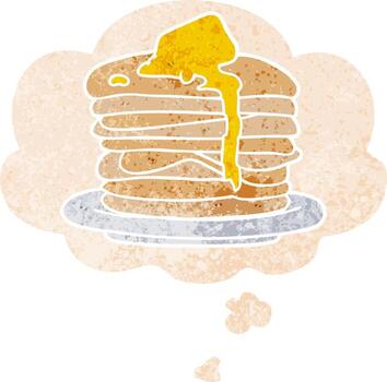 pila de dibujos animados de panqueques y burbujas de pensamiento en estilo retro texturizado vector