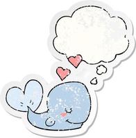 cartoon whale in love and thought bubble as a distressed worn sticker vector