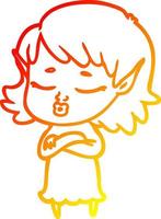 warm gradient line drawing pretty cartoon elf girl with corssed arms vector