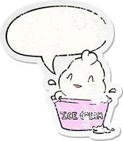 cute cartoon ice cream and speech bubble distressed sticker vector