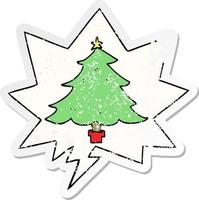 cartoon christmas tree and speech bubble distressed sticker vector