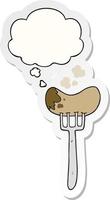 cartoon sausage and fork and thought bubble as a printed sticker vector