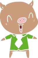 happy flat color style cartoon pig wearing shirt and tie vector