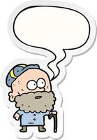 old cartoon man and walking stick and flat cap and speech bubble sticker vector