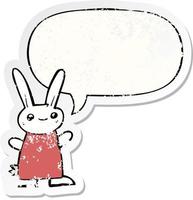 cute cartoon rabbit and speech bubble distressed sticker vector