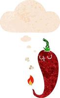 cartoon hot chili pepper and thought bubble in retro textured style vector