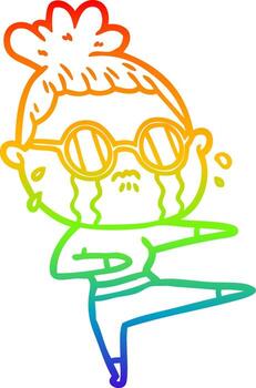 rainbow gradient line drawing cartoon crying woman wearing spectacles vector