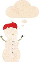 cartoon snowman and thought bubble in retro textured style vector