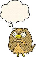 cartoon wise old owl and thought bubble in comic book style vector