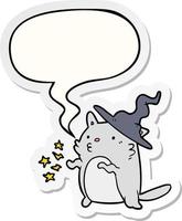 magical amazing cartoon cat wizard and speech bubble sticker vector