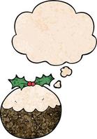 cartoon christmas pudding and thought bubble in grunge texture pattern style vector