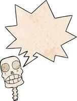 cartoon spooky skull and speech bubble in retro texture style vector