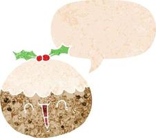 cute cartoon christmas pudding and speech bubble in retro textured style vector