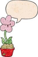 cute cartoon flower and speech bubble in retro texture style vector