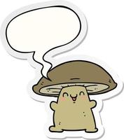 cartoon mushroom character and speech bubble sticker vector