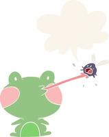 cute cartoon frog catching fly and tongue and speech bubble in retro style vector