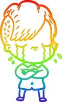 rainbow gradient line drawing cartoon crying girl with crossed arms vector