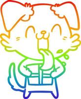 rainbow gradient line drawing cartoon panting dog with present vector