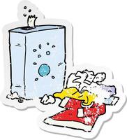 pegatina angustiada de una caricatura de detergente en polvo y ropa vector