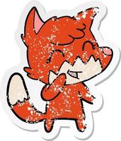 distressed sticker of a happy cartoon fox vector